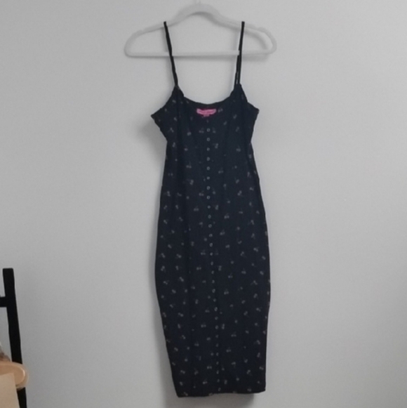 Betsey Johnson Dresses & Skirts - Vintage Betsey Johnson Retro Style Black Cherry Print Snap Front Bodycon Dress